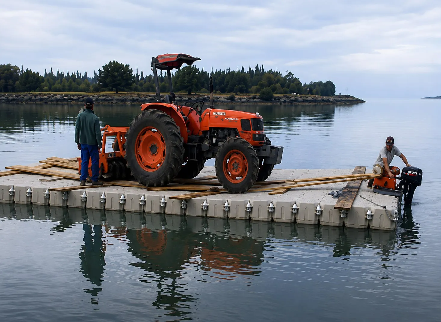 Tractor sobre una plataforma flotante
