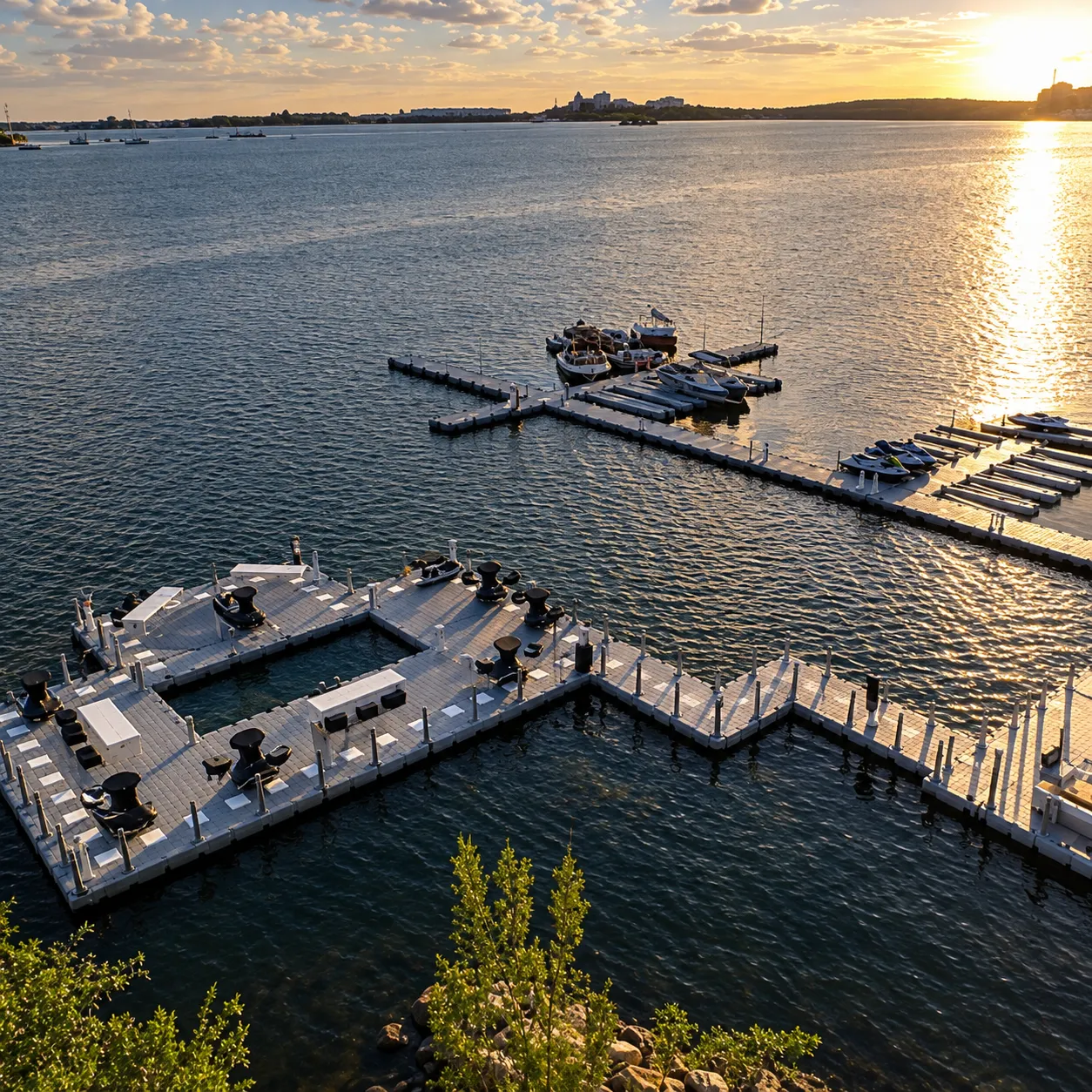 Marina flotante Candock vista desde arriba al atardecer