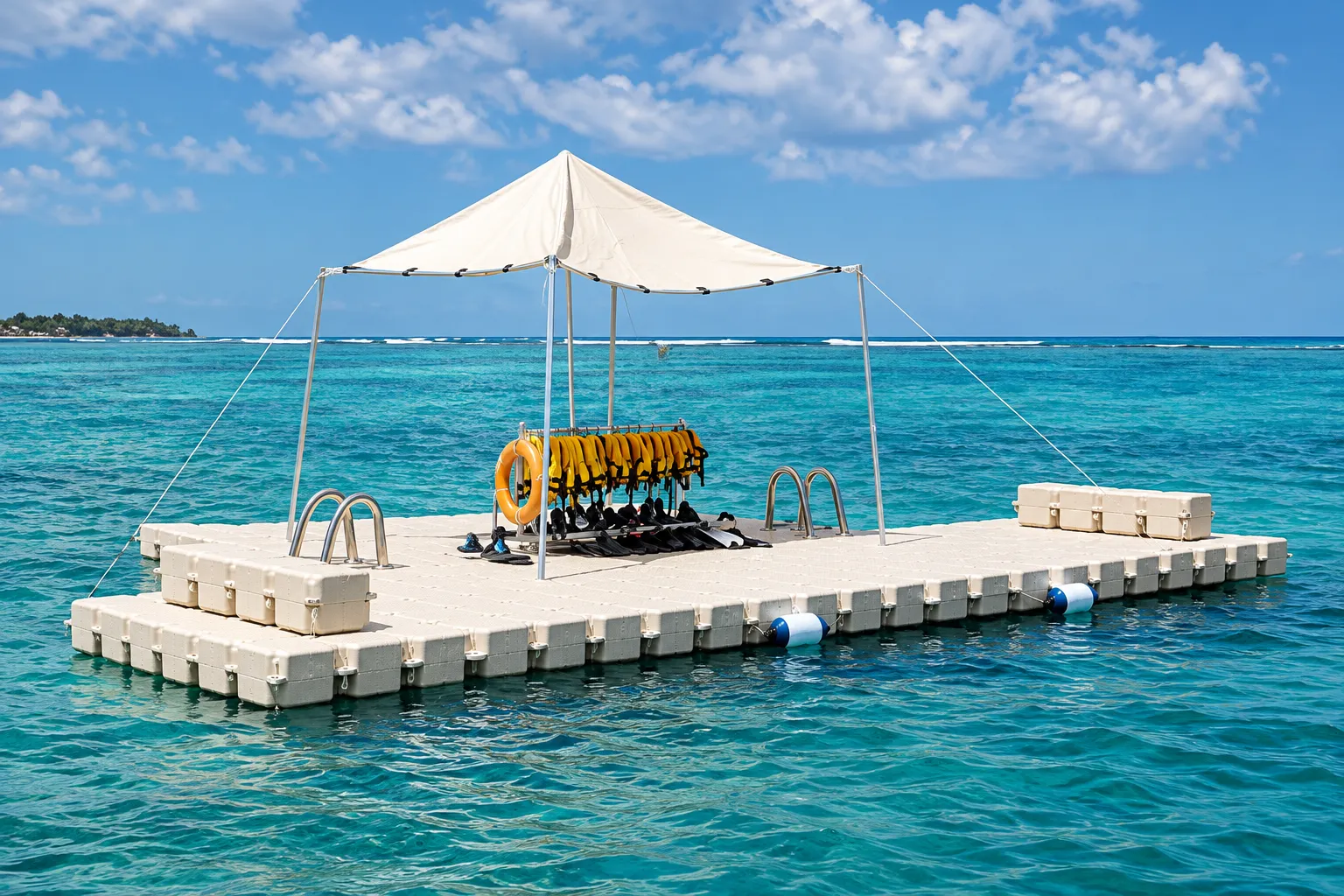 Plataforma flotante Candock con toldo y equipos de buceo en el mar