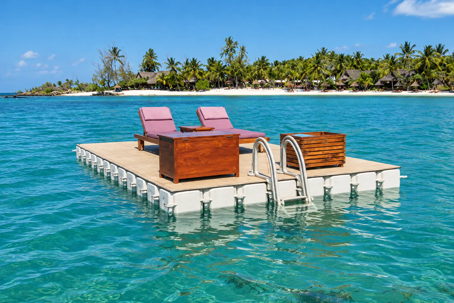 Plataforma flotante Candock con deck de madera, reposeras y escalera en el mar