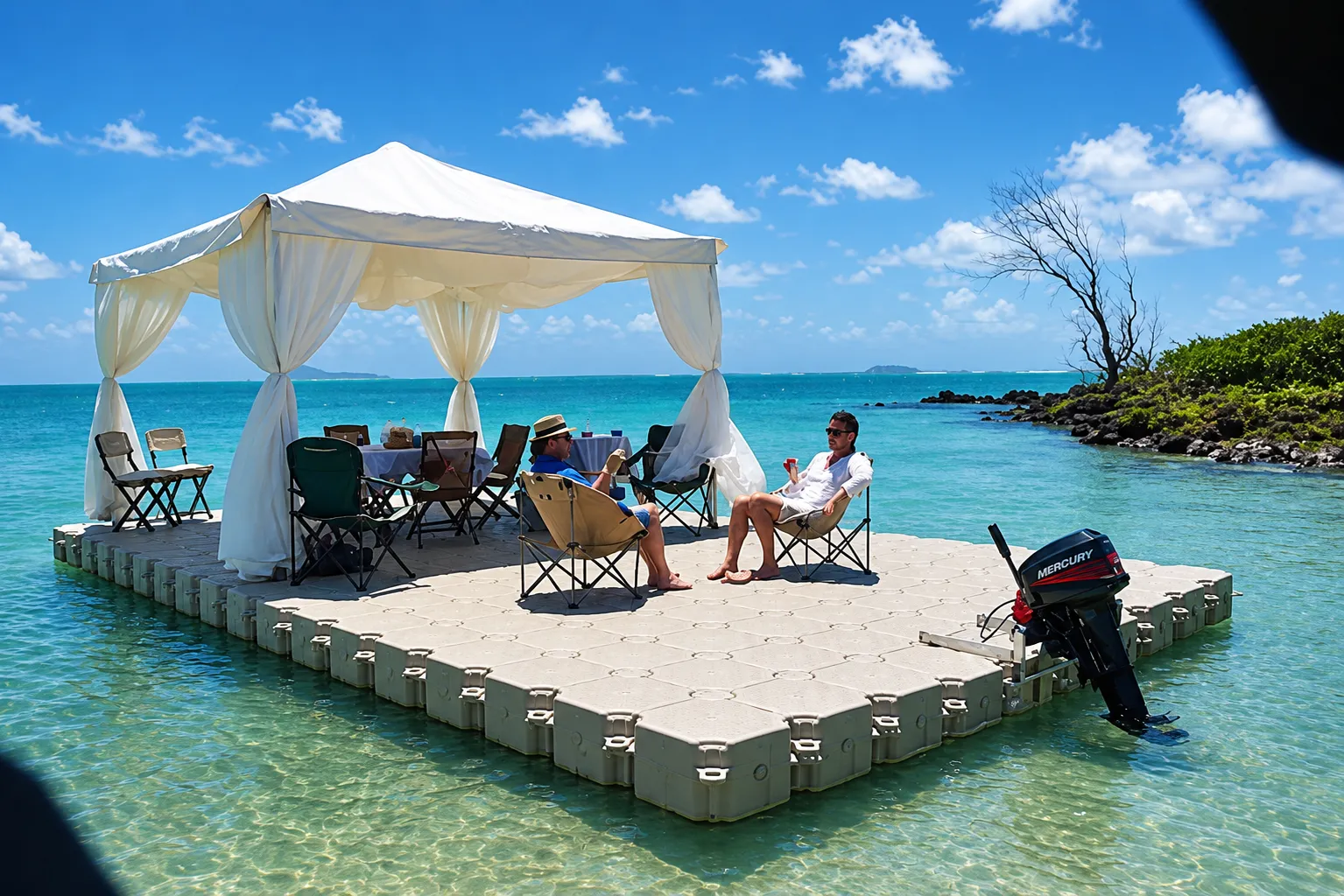 Plataforma flotante Candock con gazebo, sillas y motor fuera de borda en el mar