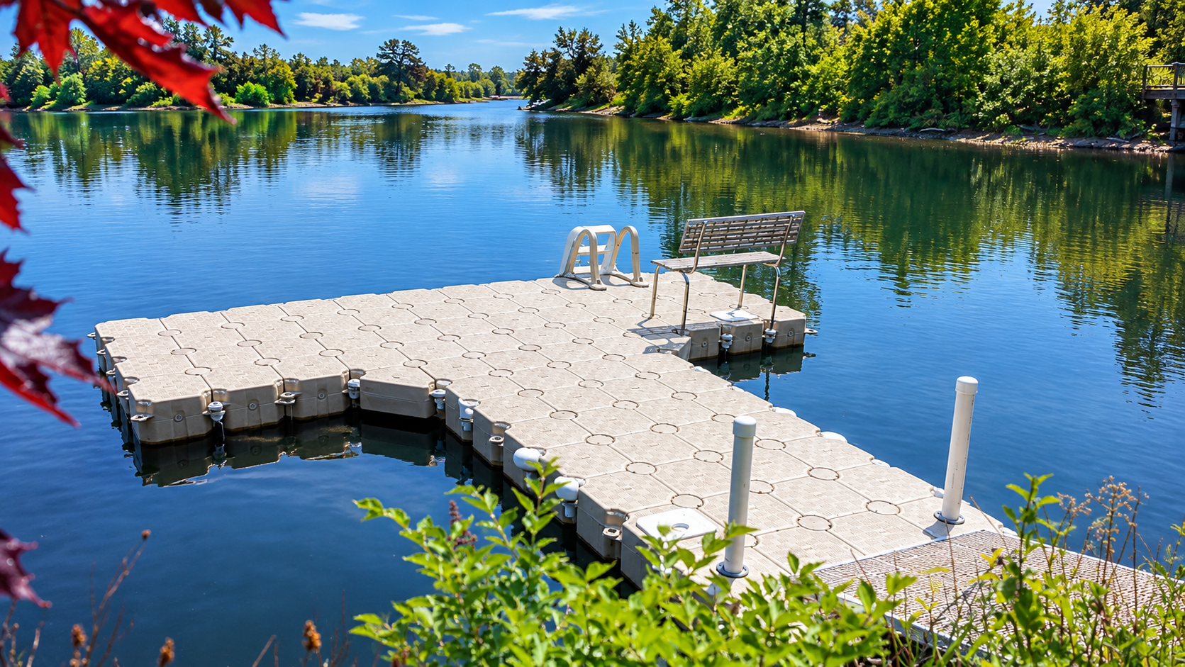 Muelle flotante modular Candock en T con escalera y banco, en un lago