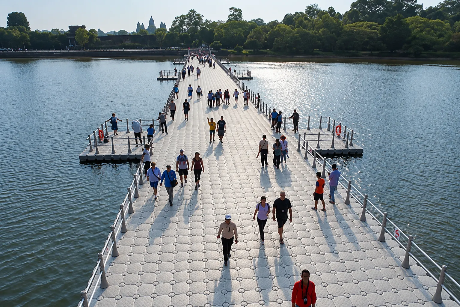 Puente flotante Candock con barandas y gente caminando hacia Angkor Wat